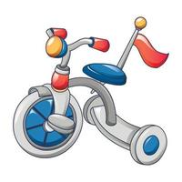 Tricycle with red flag icon, cartoon style vector