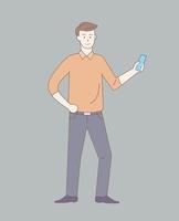 man standing and holding smartphone with outline or line and clean simple style vector
