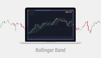 concepto de indicador de análisis técnico de la banda de bollinger en la pantalla del portátil con candelabro con estilo plano moderno vector