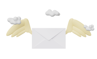 enveloppe volante avec ailes, nuage isolé. notifier la newsletter, le concept de courrier électronique entrant en ligne, l'illustration 3d ou le rendu 3d png