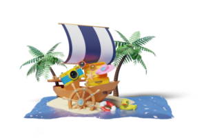 3d sailing boat with helm, suitcase, palm tree, lifebuoy png