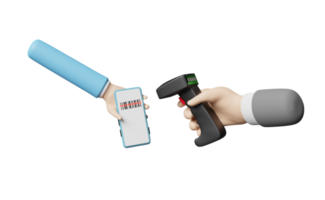 hands holding barcode scanner with mobile phone, smartphone isolated, 3d illustration or 3d render png