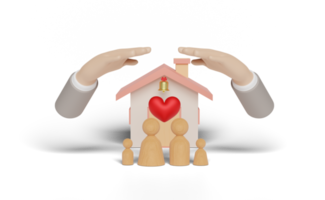 3d hand protecting house with wooden figures family png