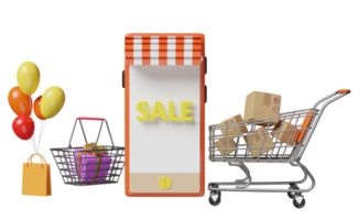 orange mobile phone or smartphone store front, balloon, cart, goods cardboard box, shopping paper bag isolated. online shopping summer sale, search data concept, 3d illustration, 3d render png