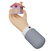 cartoon businessman hands holding purple house isolated. 3d illustration or 3d render png