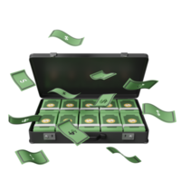 pile dollar banknote in black briefcase isolated. investment or business finance concept, 3d illustration or 3d render png