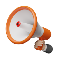 Mãos de empresário 3D segurando megafone laranja ou alto-falante de mão isolado. compras de marketing on-line, notícias de promoção para o conceito de redes de mídia social, ilustração de renderização 3d png