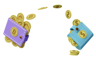 Cartera 3d con bitcoin, dólar, monedas aisladas. cambio de moneda, concepto de ahorro de dinero, ilustración de renderizado 3d png