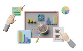 Diagramme 3d und Diagramm mit der Hand des Geschäftsmannes, Kontrolle, Finanzdaten des Analysegeschäfts, Uhr lokalisiert. Online-Marketing-Geschäftsstrategiekonzept, 3D-Darstellung png