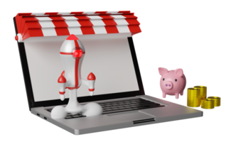 3d red white space ship or rocket launch in smoke with laptop computer, store front, piggy bank, coins isolated. start up template or business concept, 3d render illustration png