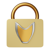 Escudo de plata dorado 3d con candado dorado aislado. seguridad de Internet o protección de la privacidad o concepto de protección de ransomware, ilustración de renderizado 3d png