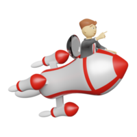 hombre de negocios 3d en nave espacial o cohete aislado. plantilla de inicio o concepto de negocio, ilustración de renderizado 3d png
