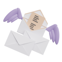 Flying open envelope with wings isolated. notify newsletter, online incoming email concept, 3d illustration or 3d render png