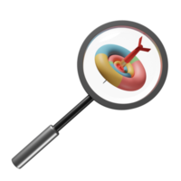 3d magnifying glass with target, red darts or arrow isolated. search target concept, 3d render illustration png