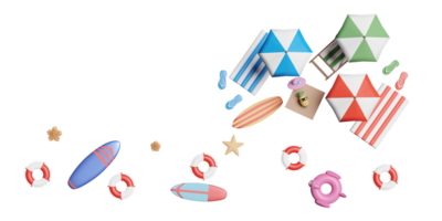 sommar resa med strand stol, ö, paraply, uppblåsbar flamingo, sandaler, livboj, surfbräda, sudd flotte, sjöstjärna, topp se bakgrund. begrepp 3d illustration eller 3d framställa png