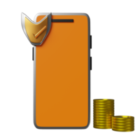 orange mobile phone or smartphone with golden shield check, coins isolated. Internet security or privacy protection or ransomware protect concept, 3d illustration or 3d render png