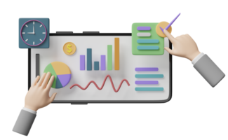 grafieken en diagram met zakenman hand, controleren, analyse bedrijf financieel gegevens, klok, vergroten geïsoleerd. online afzet bedrijf strategie concept, 3d illustratie of 3d geven png