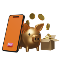 orange mobile phone or smartphone with pile of stacked coin, goods cardboard box, gold piggy bank isolated. online shopping or saving money concept, 3d illustration or 3d render png