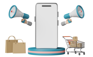 handy, smartphone mit blauem bühnenpodium, karren, warenkarton, einkaufspapiertüte, megaphon, handlautsprecher isoliert. Online-Shopping-Verkaufskonzept, 3D-Illustration, 3D-Rendering png