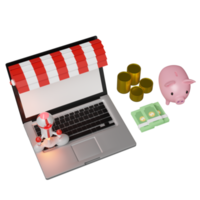 red white space ship or rocket launch in smoke with laptop computer, store front, piggy bank, coins, banknote isolated. start up template, business concept, 3d illustration or 3d render png