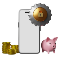 mobile phone,smartphone with shield, golden lock, piggy bank, coins isolated. Internet security or privacy protection or ransomware protect concept, 3d illustration or 3d render png