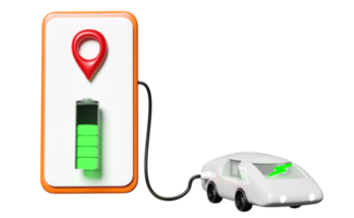 Application de station de charge de voiture électrique 3d avec smartphone, charge de téléphone portable à broche isolée. indicateur de charge de la batterie, rendu 3d illustration png