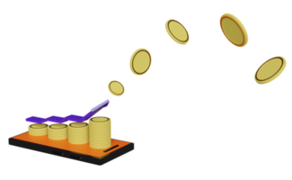 3d stapel munten met oranje mobiel telefoon, smartphone, pijl, bar diagram geïsoleerd. financieel succes en groei of besparing geld concept, 3d geven illustratie png