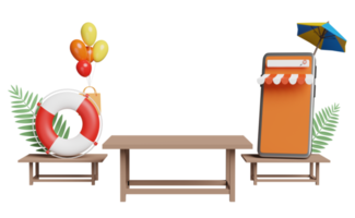 3d houten tafel met mobiel telefoon, smartphone op te slaan voorkant, paraplu, ballon, palm, boodschappen doen papier Tassen, reddingsboei geïsoleerd. online boodschappen doen zomer uitverkoop concept, 3d geven illustratie png