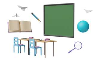 Tableau noir vert 3d avec globe, avion en papier, bureau d'étudiant, chaise, loupe, livre ouvert isolé. salle d'éducation innovante en ligne, concept d'apprentissage en ligne, illustration de rendu 3d png