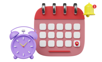 personaje de dibujos animados reloj despertador púrpura hora de despertarse por la mañana con calendario rojo, campana de notificación amarilla aislada. concepto de ilustración 3d o renderizado 3d png