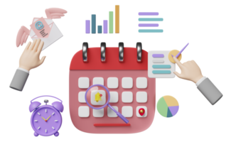 réveil avec calendrier, graphiques, graphique, main d'homme d'affaires, analyse des données financières de l'entreprise, grossissant isolé. concept de stratégie commerciale de marketing en ligne, illustration 3d, rendu 3d png