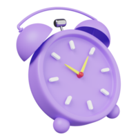 personaje de dibujos animados reloj despertador púrpura o violeta hora de despertarse por la mañana con espacio aislado. concepto de ilustración 3d o renderizado 3d png