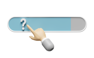 Barre de recherche 3d avec doigt, homme d'affaires à la main, symbole de point d'interrogation isolé. moteur de recherche Web, navigation Web, faq, concept de questions fréquemment posées, illustration de rendu 3d, png