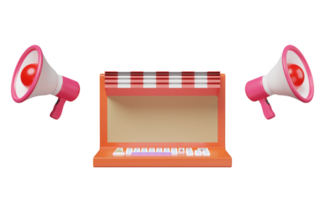 ordinateur portable avec mégaphone, haut-parleur isolé. achats en ligne, bannières de promotion de site Web, concept d'alerte en ligne, illustration 3d ou rendu 3d png