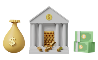 banque ou immeuble de bureaux fiscaux avec sac d'argent en lingot d'or, pile de billets en dollars isolé. financement bancaire, concept d'échange d'argent, illustration 3d ou rendu 3d png