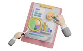 gráficos, gráfico con análisis de datos financieros comerciales, lista de verificación de portapapeles blanco, lupa, manos sosteniendo lápiz aislado. concepto de estrategia empresarial, ilustración 3d o presentación 3d png