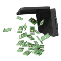 le billet en dollars tombe de la mallette noire, valise isolée. investissement ou financement d'entreprise, concept de dollar d'argent de fuite, illustration 3d ou rendu 3d png