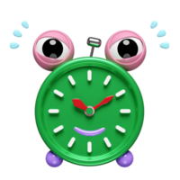 personaje de dibujos animados reloj despertador verde hora de despertarse mañana aislado. concepto de ilustración 3d o renderizado 3d png