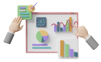 Graphiques 3d et graphique avec la main de l'homme d'affaires, chèque, analyse des données financières de l'entreprise, horloge isolée. concept de stratégie commerciale de marketing en ligne, illustration de rendu 3d png