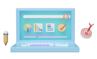 3d laptop computer with charts graph, analysis business financial data, target, darts, magnifying glass, pencil isolated. Online marketing, business strategy concept, 3d render illustration png
