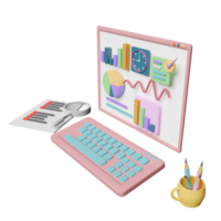 3d laptop computer with charts graph, analysis business financial data, magnifying glass, clipboard checklist isolated. Online marketing, business strategy concept, 3d render illustration png