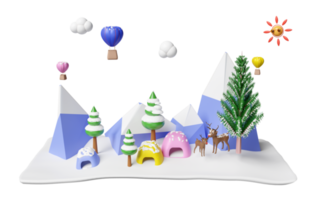 winter reizen met sneeuw afgedekt bergen, wolk, Kerstmis boom, hert, heet lucht ballon, zon, tent geïsoleerd. concept 3d illustratie of 3d geven png