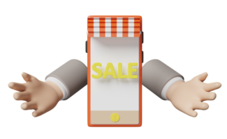 manos de hombre de negocios con teléfono móvil naranja, frente de tienda de teléfonos inteligentes, etiqueta de etiqueta de venta aislada. concepto de compras en línea, ilustración 3d o presentación 3d png
