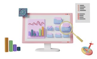 3d dator med diagram Graf, analys företag finansiell data, mål, dart, förstorande glas, mapp isolerat. uppkopplad marknadsföring, företag strategi begrepp, 3d framställa illustration png