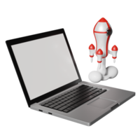 red white space ship or rocket launch in smoke with laptop computer isolated. start up template or business concept, 3d illustration or 3d render png