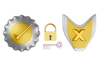 golden round shield check and shield insecure with gold lock, key isolated. Internet security or privacy protection or ransomware protect concept, 3d illustration or 3d render png