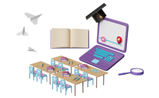 computadora portátil púrpura con barra de juego, graduación de sombrero, avión de papel, escritorio de estudiante, silla aislada. sala de educación innovadora en línea, concepto de aprendizaje electrónico, ilustración 3d o presentación 3d png