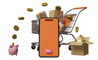 orange mobil telefon, smartphone med lugg av staplade mynt, varor kartong låda, nasse Bank, handla vagn isolerat. uppkopplad handla eller sparande pengar begrepp, 3d illustration eller 3d framställa png