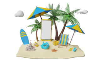 teléfono móvil, teléfono inteligente con palmas, silla de playa, isla, paraguas, sandalias, avión, tabla de surf, flamingo inflable, castillo de arena, concepto de vacaciones de viaje de verano, ilustración 3d o presentación 3d png