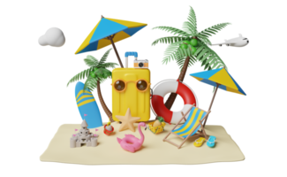 viaje de verano con maleta, silla de playa, isla, cámara, paraguas, flamenco inflable, cocotero, sandalias, avión, nube, aro salvavidas, canasta aislada. concepto de ilustración 3d, renderizado 3d